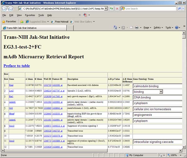 Converter Graphical User Interface - browser showing HTML generated search results table