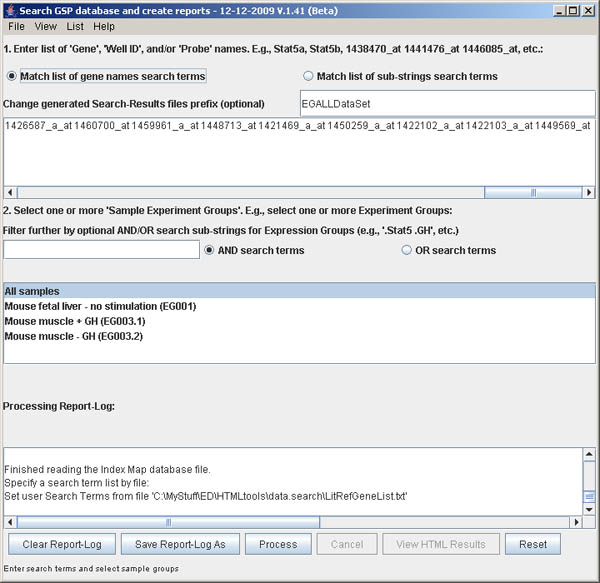 Search GUI interface showing the list of genes specified from a term-list file.