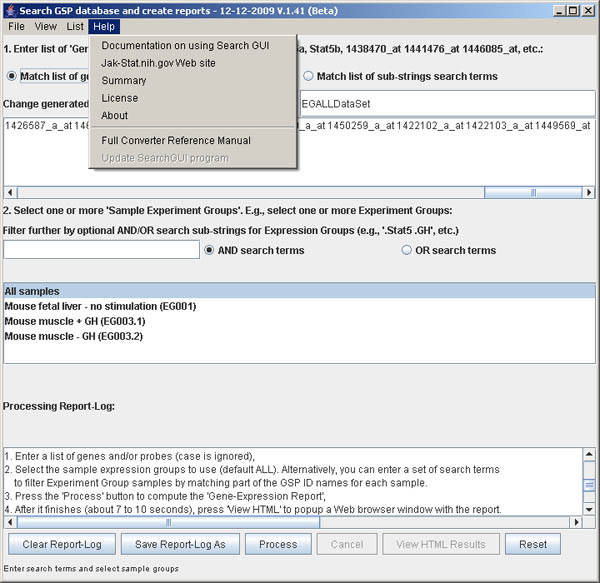 Search GUI interface showing the Help menu options