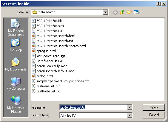 Search GUI interface showing the File menu Import search terms file options