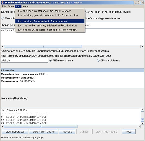 Database SearchGUI - List EG samples selected by sub-string search