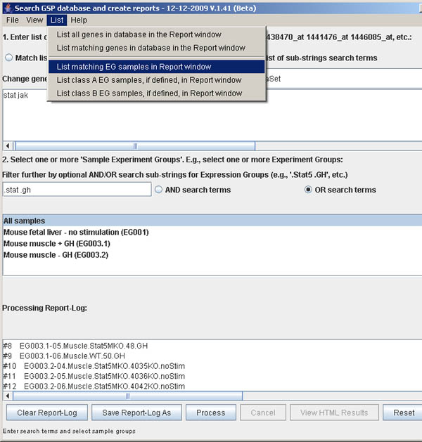 Database SearchGUI - List EG samples selected by sub-string search