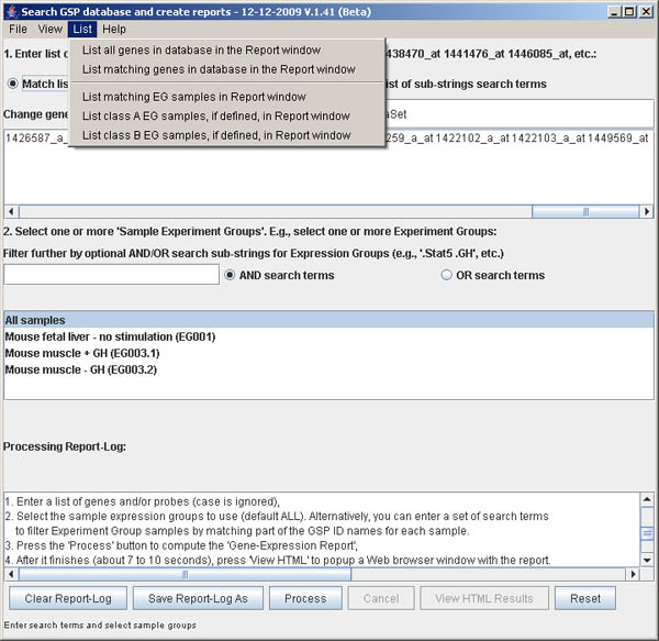 Database SearchGUI - List menu