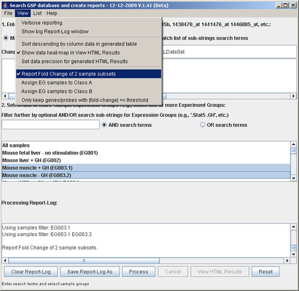 Search GUI interface showing the View menu report fold-change options