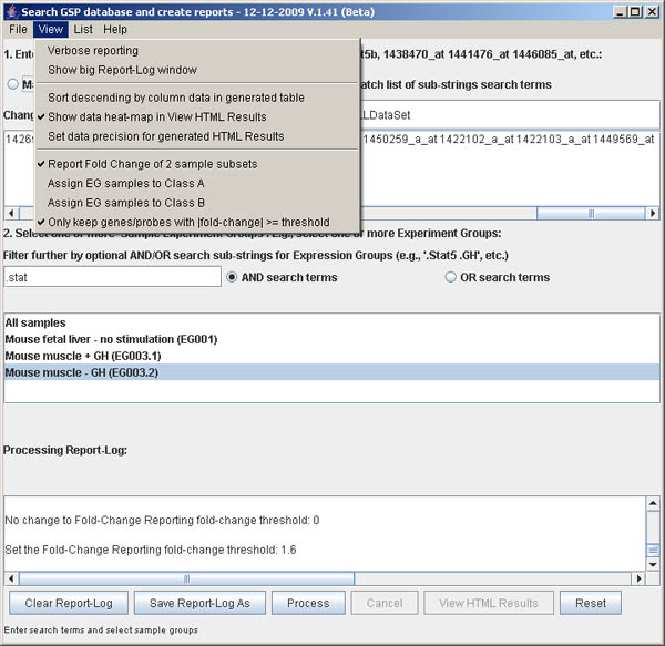 Search GUI interface showing the View menu selecting fold-change filter option