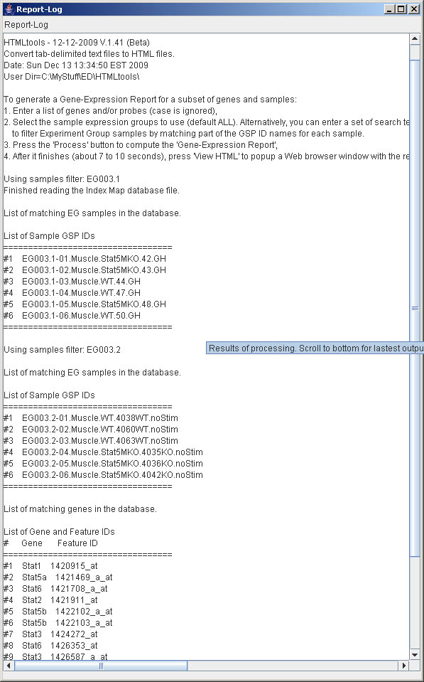 Search GUI interface showing the Report-Log-popup-Window.